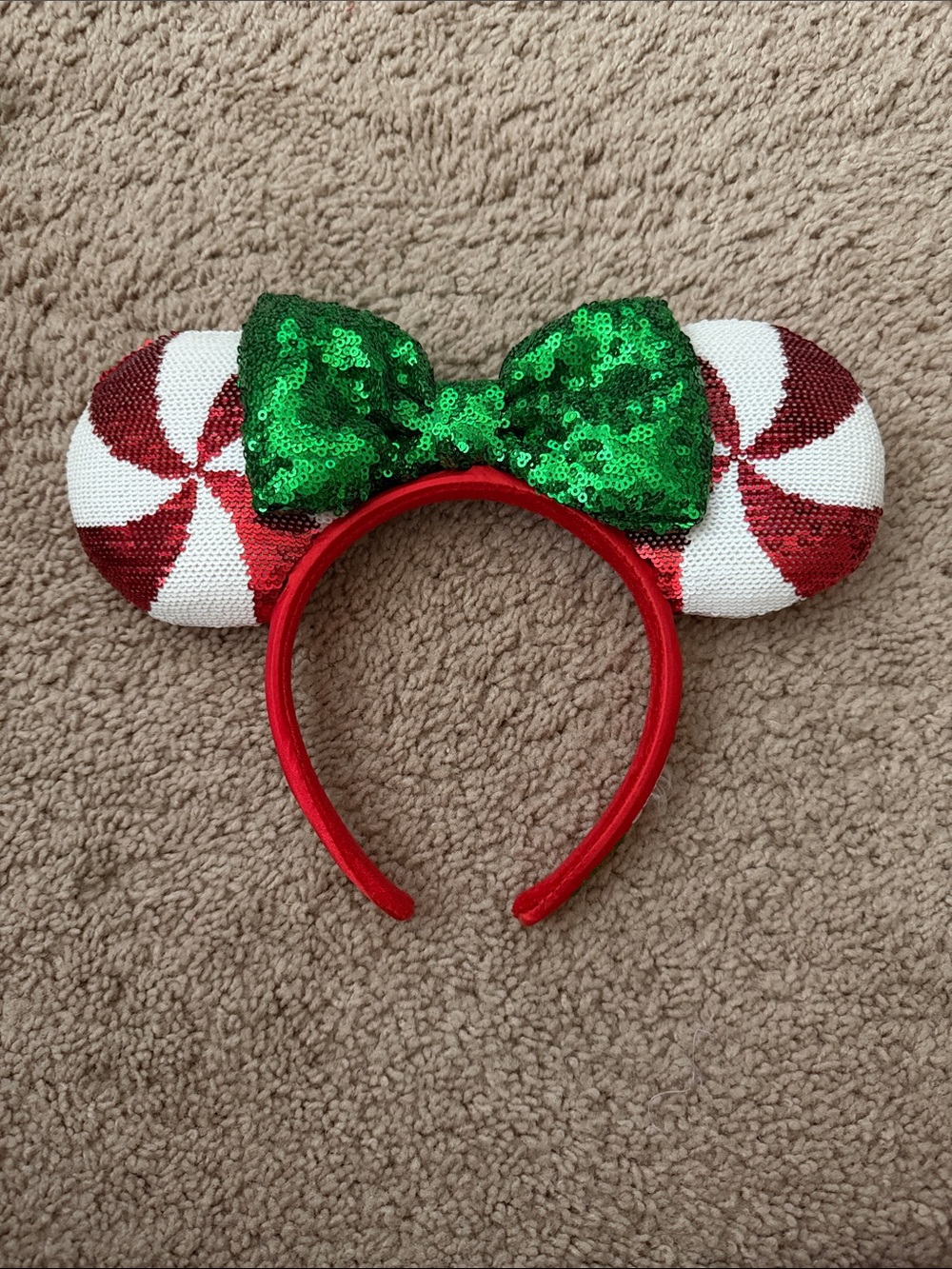 Disney Parks Christmas Red & Green Sequin Peppermint Minnie Mouse Ear Headband